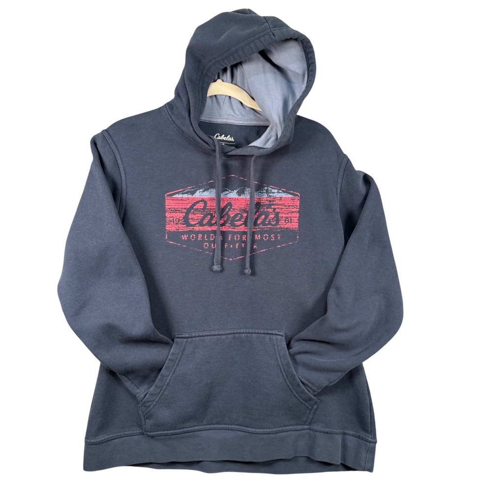 Cabelas M Hoodie‎ Distressed Graphic Pullover Fleece Pocket Gorpcore Cabincore